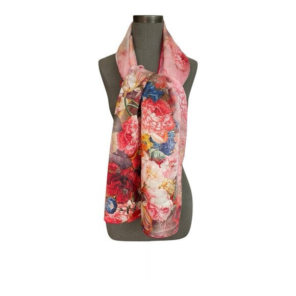 Luxury 100 Percent Silk Scarf Pink Floral Peony Print Long Shawl Wrap 68x20 New - Picture 6 of 7